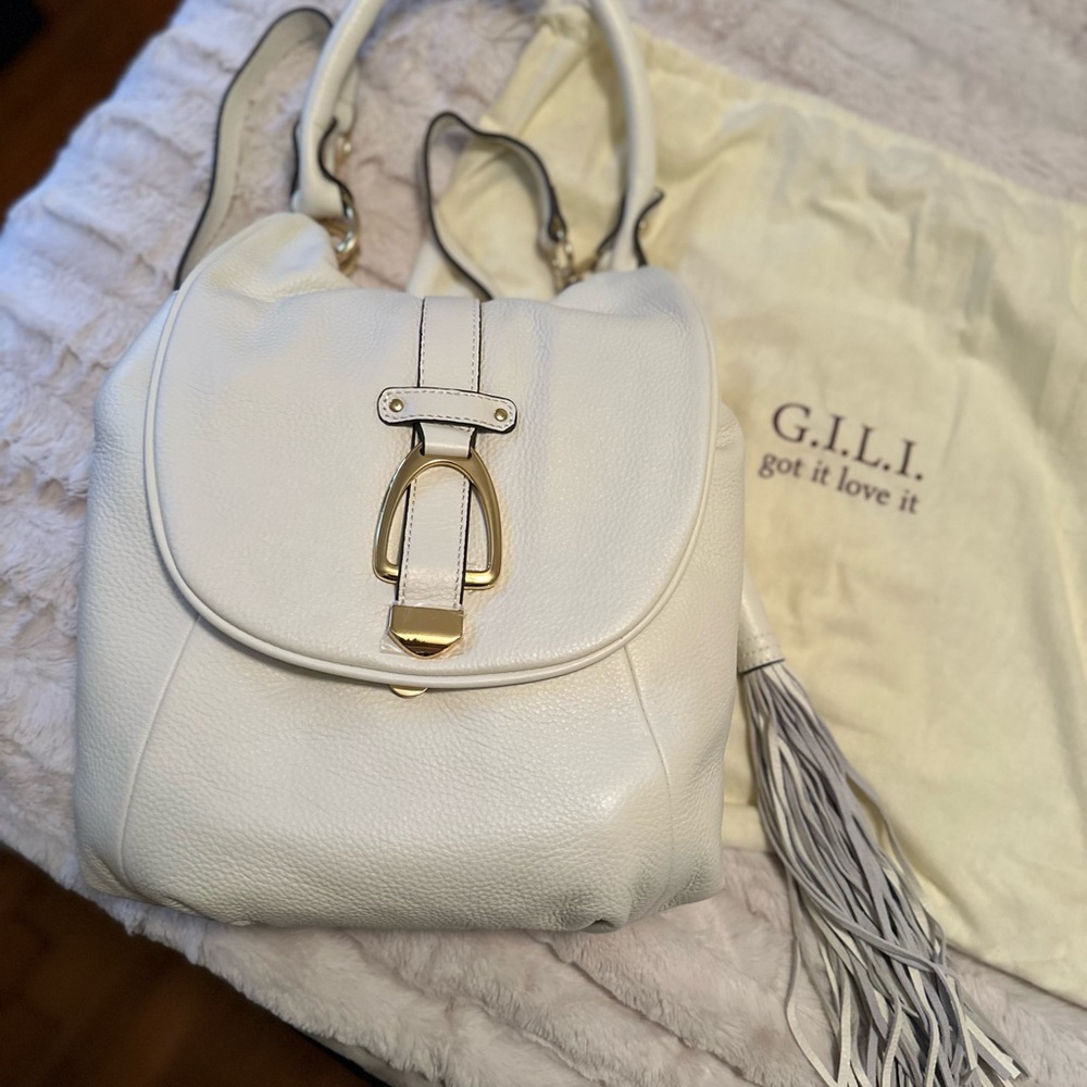 G.I.L.I. White Pebbled Leather Backpack NEW with Gold-Tone Accent